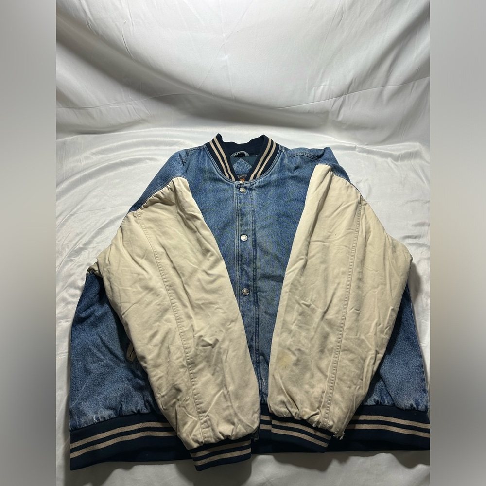 Vintage Route 66 Bomber Varsity Denim & Khaki Two-Tone Jacket XXLARGE 90s XXL - Picture 5 of 16